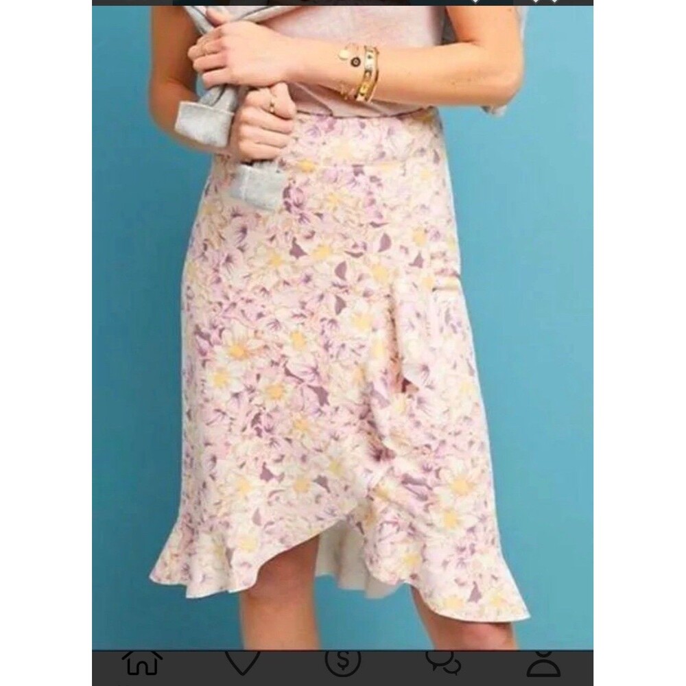 Anthropologie Skirt Skye Floral Faux Suede Ruffle Midi Skirt Size 0P